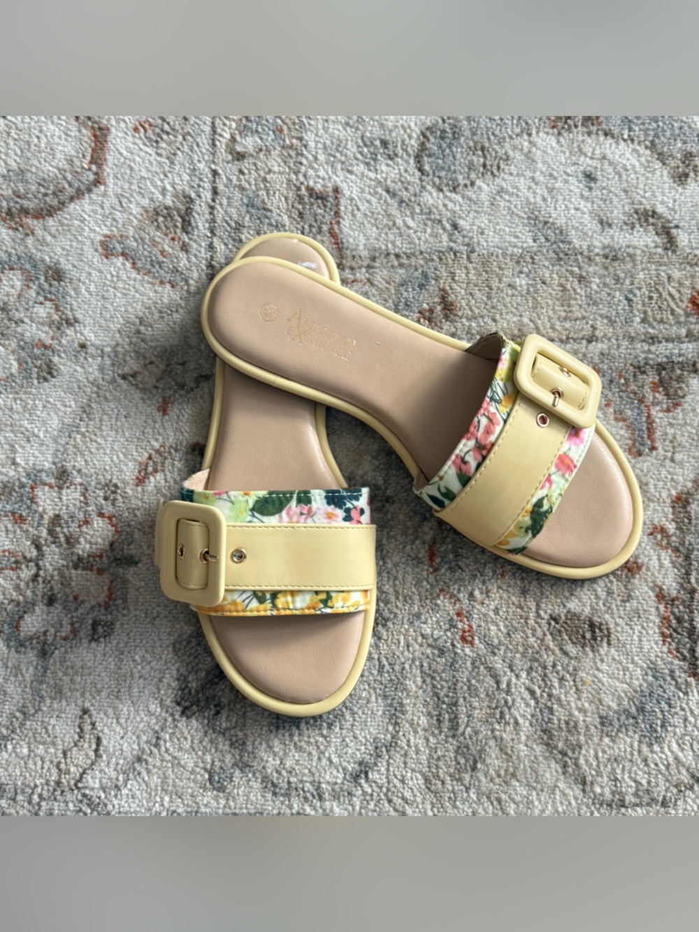 American Exchange Yellow Floral Buckle Slide Sandals